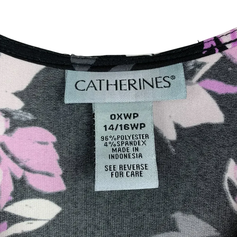 Catherines Faux Wrap Dress Maxi Black Purple Dark Floral Stretchy Womens 14 16WP - Picture 4 of 8